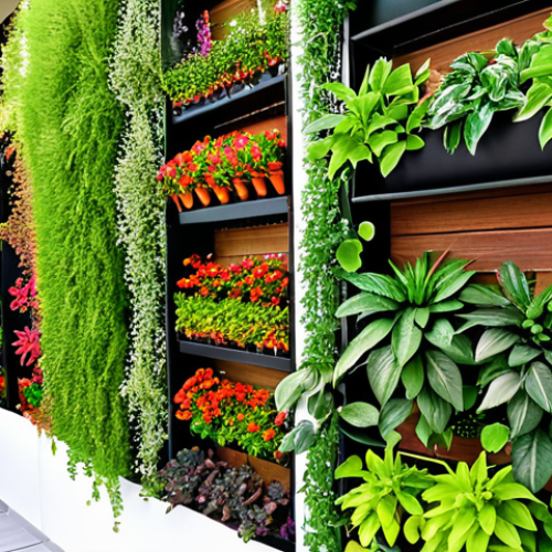 Home 4 A vibrant living wall made of modular planters on a sunny balcony. The wall features a variety of green plants, herbs, and small flowering plants. An integrated drip irrigation system waters the plants.
