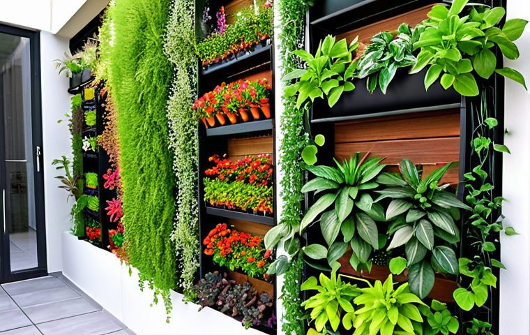 A vibrant living wall made of modular planters on a sunny balcony. The wall features a variety of green plants, herbs, and small flowering plants. An integrated drip irrigation system waters the plants.