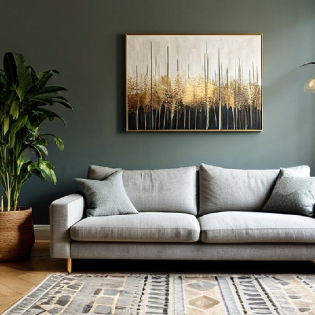 **
"A cozy Berlin living room, bathed in warm, natural light. A large, abstract painting in muted earth tones hangs above a comfortable grey sofa. The painting features textured brushstrokes and subtle hints of gold leaf. A woven rug with a geometric pattern lies on the wooden floor. Potted plants add a touch of green. safe for work, appropriate content, fully clothed, professional photography, modest, perfect anatomy, natural proportions, high quality."
**