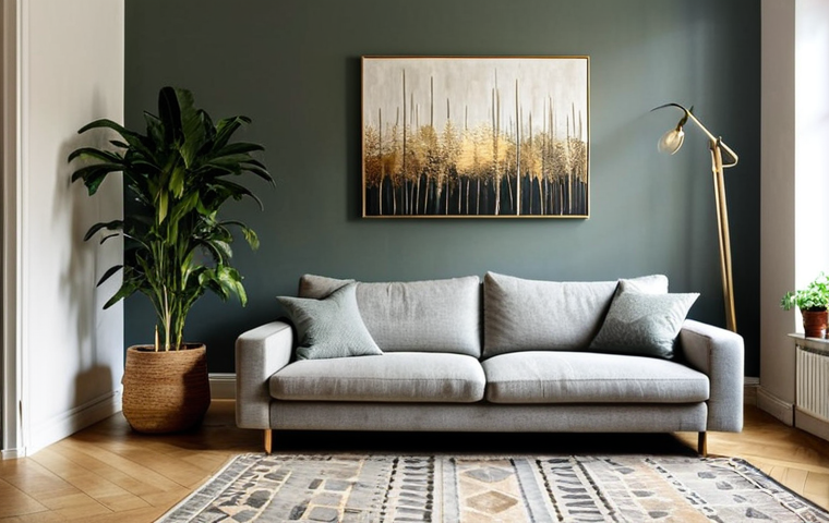 **
"A cozy Berlin living room, bathed in warm, natural light. A large, abstract painting in muted earth tones hangs above a comfortable grey sofa. The painting features textured brushstrokes and subtle hints of gold leaf. A woven rug with a geometric pattern lies on the wooden floor. Potted plants add a touch of green. safe for work, appropriate content, fully clothed, professional photography, modest, perfect anatomy, natural proportions, high quality."
**