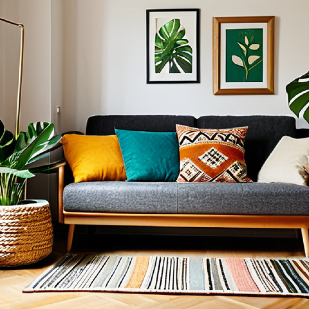 Cozy Living Room Corner**

"A warm and inviting living room corner in a German apartment, showcasing a plush sofa with many colorful cushions in various textures, a soft wool blanket draped casually, and a patterned Oriental rug underneath. A floor lamp with a rattan lampshade casts a warm glow. A small shelf displays travel souvenirs and framed family photos. Several potted plants, including a Monstera, add a touch of greenery. safe for work, appropriate content, fully clothed, professional photography, perfect anatomy, natural proportions, family-friendly."

**