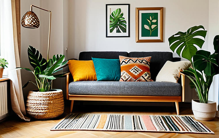 Cozy Living Room Corner**
"A warm and inviting living room corner in a German apartment, showcasing a plush sofa with many colorful cushions in various textures, a soft wool blanket draped casually, and a patterned Oriental rug underneath. A floor lamp with a rattan lampshade casts a warm glow. A small shelf displays travel souvenirs and framed family photos. Several potted plants, including a Monstera, add a touch of greenery. safe for work, appropriate content, fully clothed, professional photography, perfect anatomy, natural proportions, family-friendly."
**