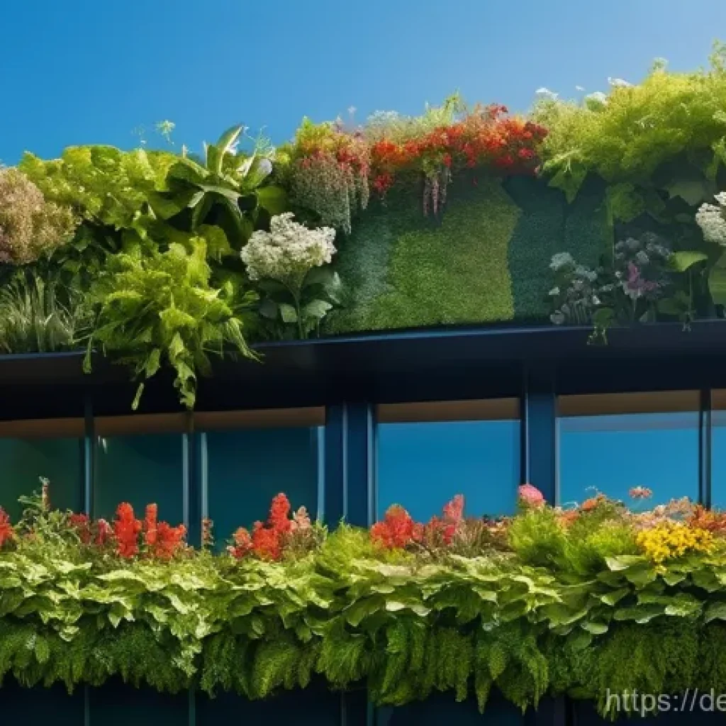 리빙월과 지역 사회의 관계 - **"A vibrant, bustling city street transformed by lush, thriving living walls covering the facades o...
