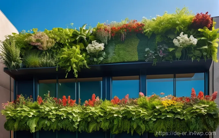 리빙월과 지역 사회의 관계 - **"A vibrant, bustling city street transformed by lush, thriving living walls covering the facades o...