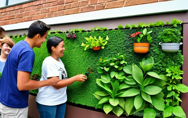 리빙월과 지역 사회의 관계 - **"A vibrant, bustling city street transformed by lush, thriving living walls covering the facades o...