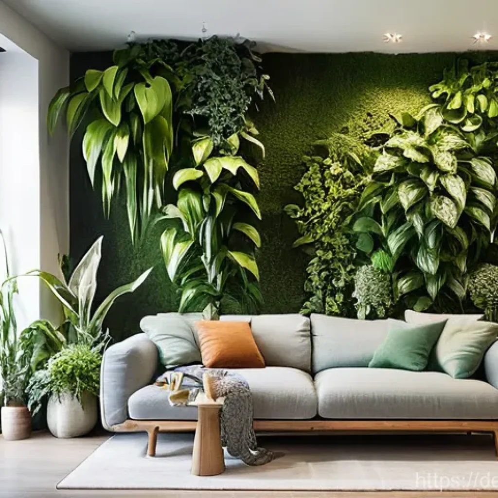 리빙월과 실내 공기질 개선 - **Prompt:** "A minimalist, sun-drenched modern living room with a prominent, lush green living wall ...