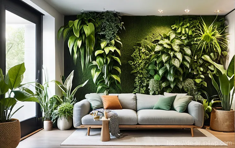 리빙월과 실내 공기질 개선 - **Prompt:** "A minimalist, sun-drenched modern living room with a prominent, lush green living wall ...
