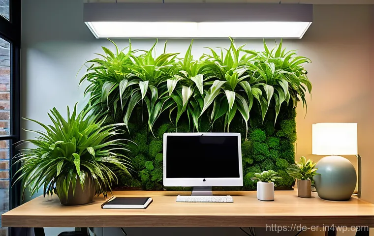 리빙월과 실내 공기질 개선 - **Prompt:** "A minimalist, sun-drenched modern living room with a prominent, lush green living wall ...