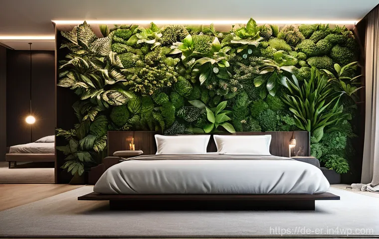 리빙월과 실내 공기질 개선 - **Prompt:** "A vibrant, close-up shot of a sophisticated indoor green wall showcasing a variety of p...