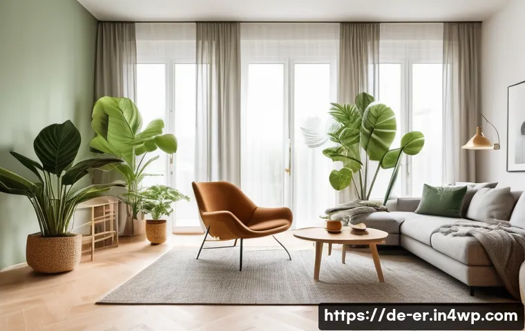 리빙월과 함께하는 홈 가드닝 - A cozy modern living room in a German apartment featuring a large Monstera and a Ficus plant as foca...