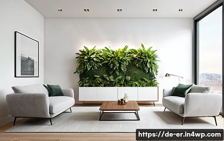 리빙월 조명 활용법 - A modern living room interior featuring a stylish Living Wall with a variety of real and artificial ...