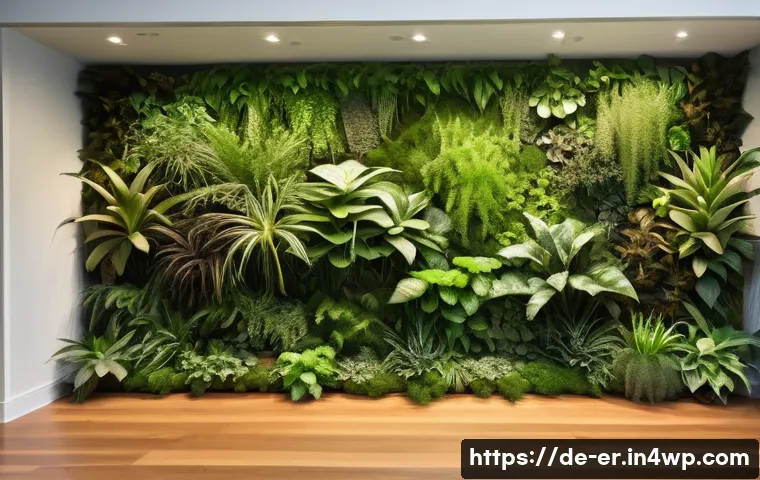 리빙월을 위한 자재 비교 분석 - A natural living wall indoors featuring lush green plants rooted in organic substrates such as cocon...