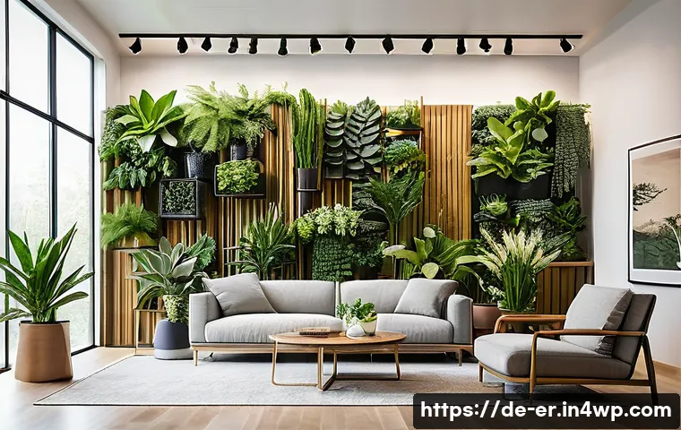 리빙월을 위한 벽 장식 아이디어 - A modern living room featuring a large vertical garden wall composed of diverse plants including suc...