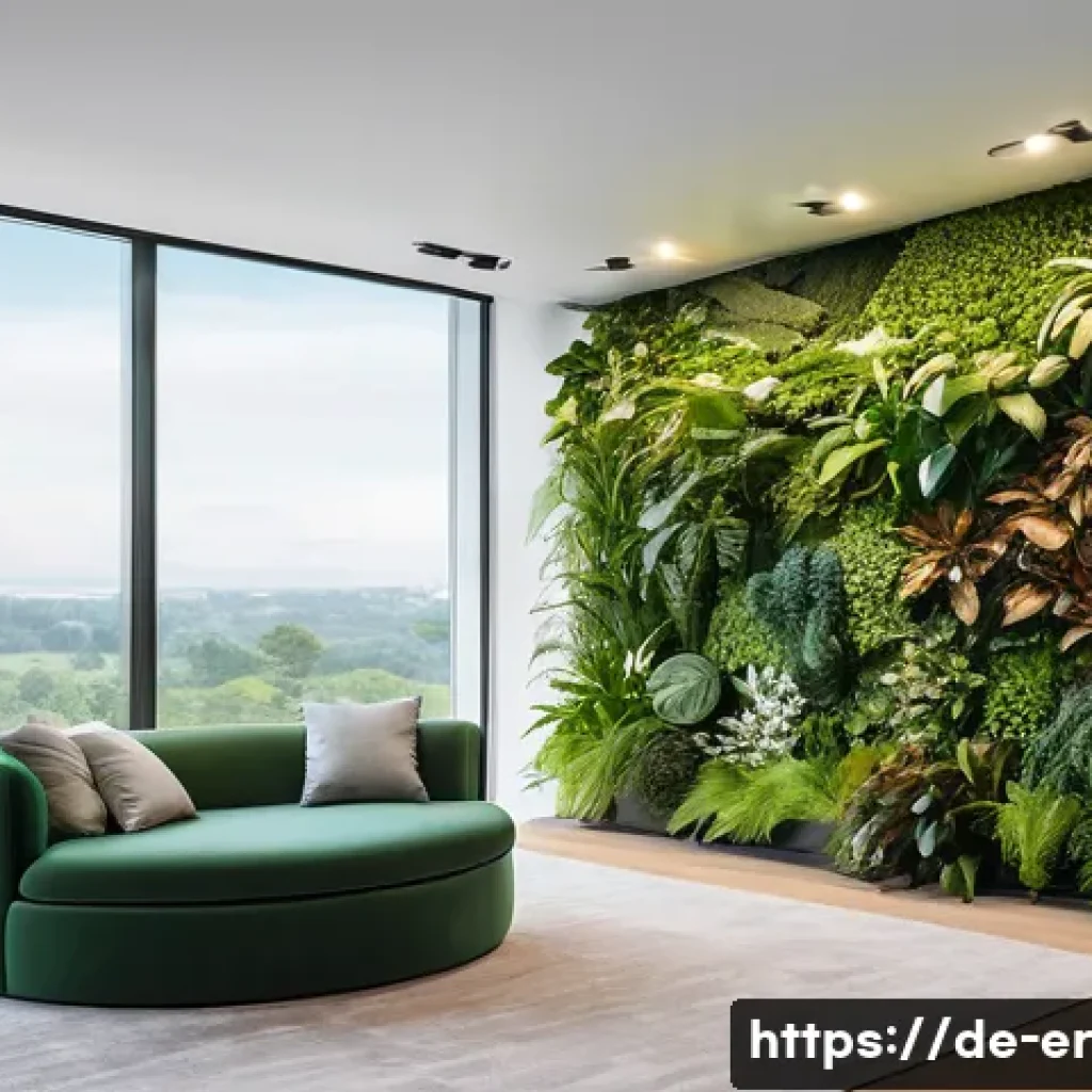 리빙월의 스마트 홈 통합 가능성 - A modern smart home interior featuring a large living wall with lush green plants integrated seamles...