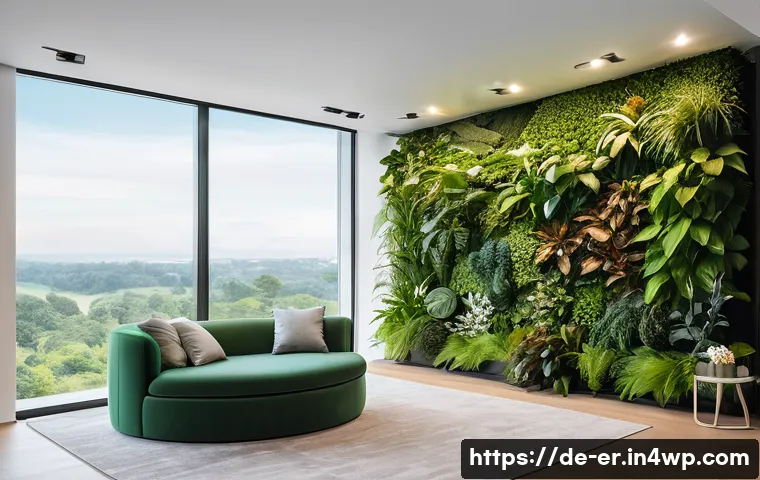 리빙월의 스마트 홈 통합 가능성 - A modern smart home interior featuring a large living wall with lush green plants integrated seamles...
