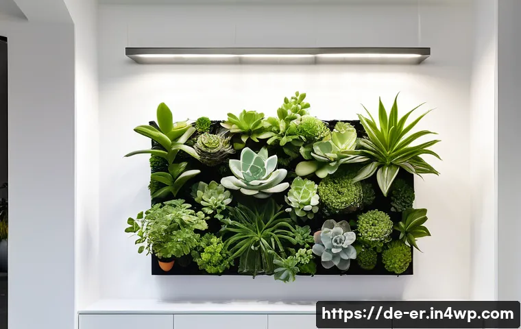리빙월 디자인 아이디어 소개 - A modern Scandinavian-style living wall installation inside a bright urban apartment with minimalist...