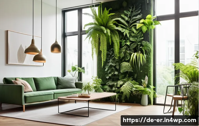 리빙월로 극복하는 스트레스 - A modern German living room featuring a large vertical green wall composed of various lush plants su...