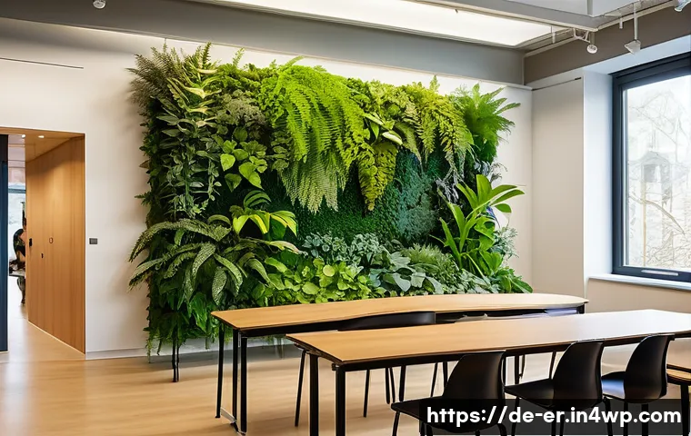 리빙월을 활용한 교육 공간 개선 - A modern German classroom featuring a large, vibrant living wall filled with lush green plants such ...