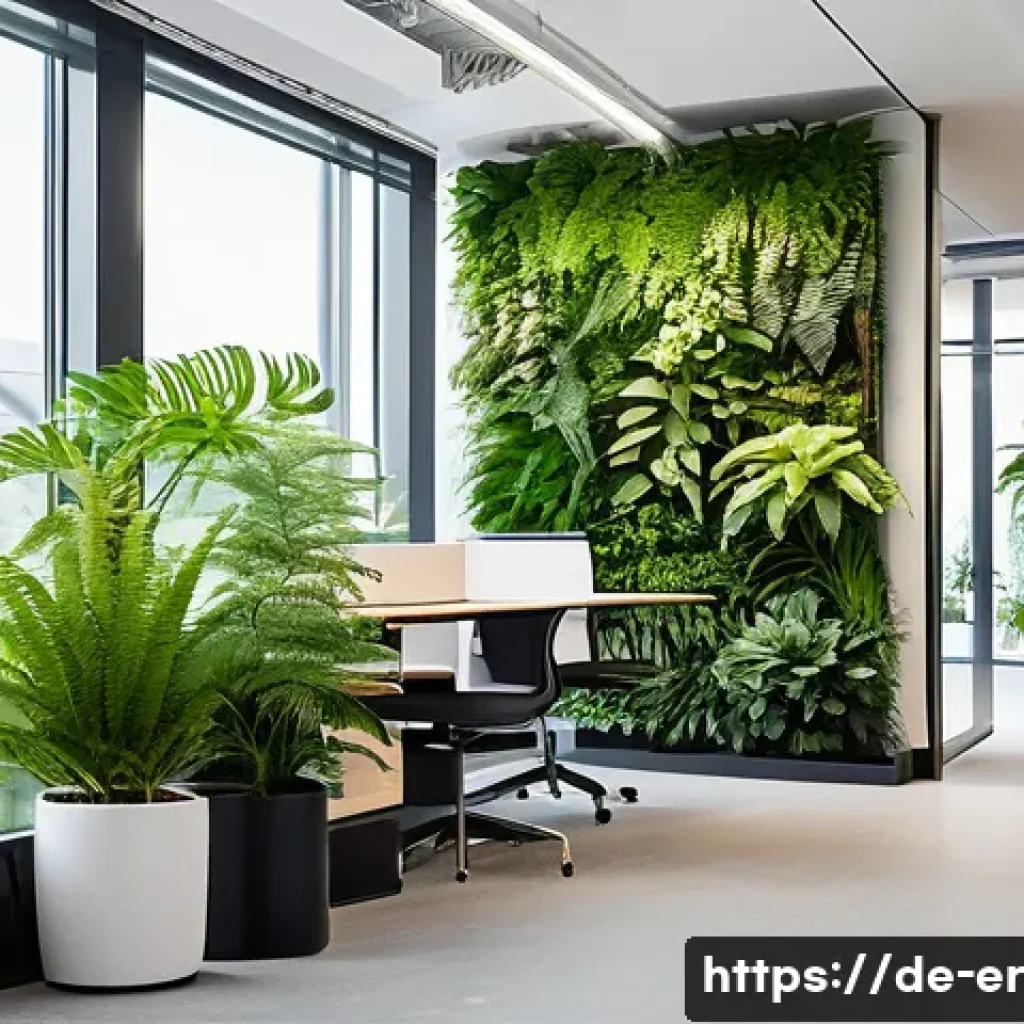 리빙월과 공간 윤리 - A modern German office interior featuring a large, lush living wall with diverse green plants such a...