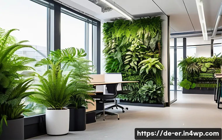 리빙월과 공간 윤리 - A modern German office interior featuring a large, lush living wall with diverse green plants such a...