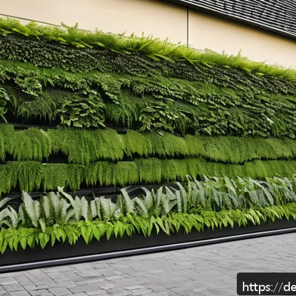 리빙월과 경관 디자인의 상관관계 - A vibrant urban living wall installation on a modern German building facade, showcasing a lush mix o...