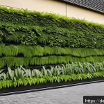 Home 23 리빙월과 경관 디자인의 상관관계 - A vibrant urban living wall installation on a modern German building facade, showcasing a lush mix o...
