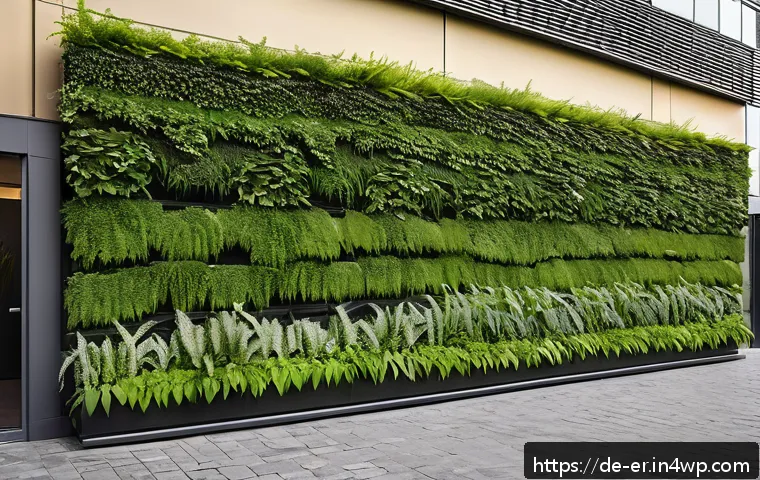 리빙월과 경관 디자인의 상관관계 - A vibrant urban living wall installation on a modern German building facade, showcasing a lush mix o...